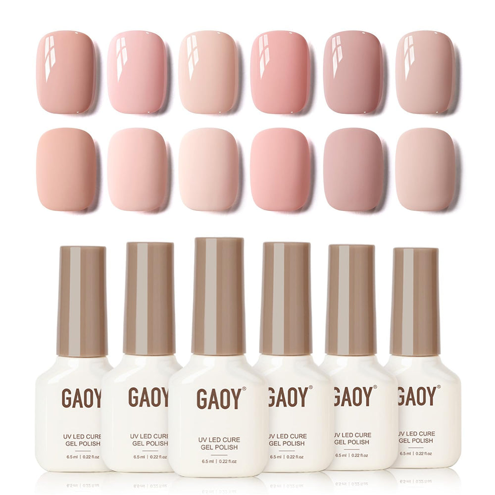 GAOY Macaron gel polish set with peach-pink-nude shades for chic at-home manicures.