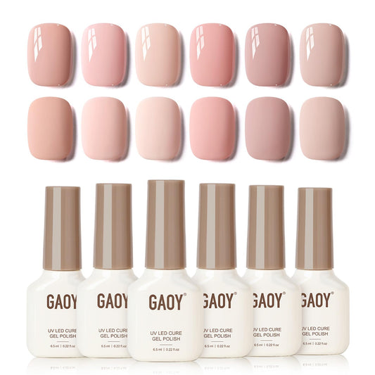 GAOY Macaron gel polish set with peach-pink-nude shades for chic at-home manicures.
