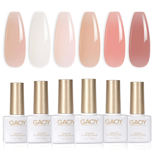 GAOY Milky Jelly Nude bottles with swatches showing sheer to opaque options for versatile nails.