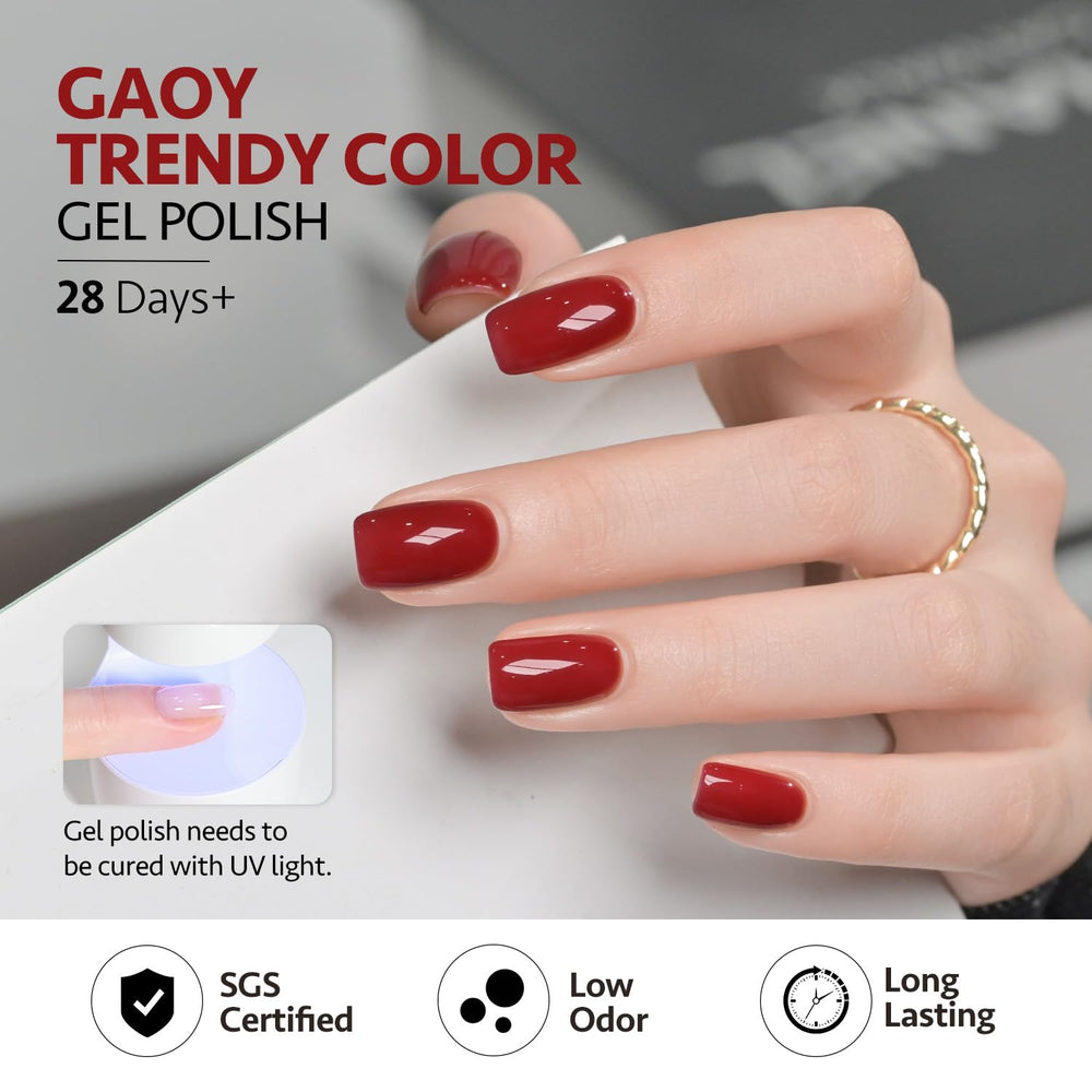 GAOY swatches display brown glitter and burgundy shades for versatile nail art.