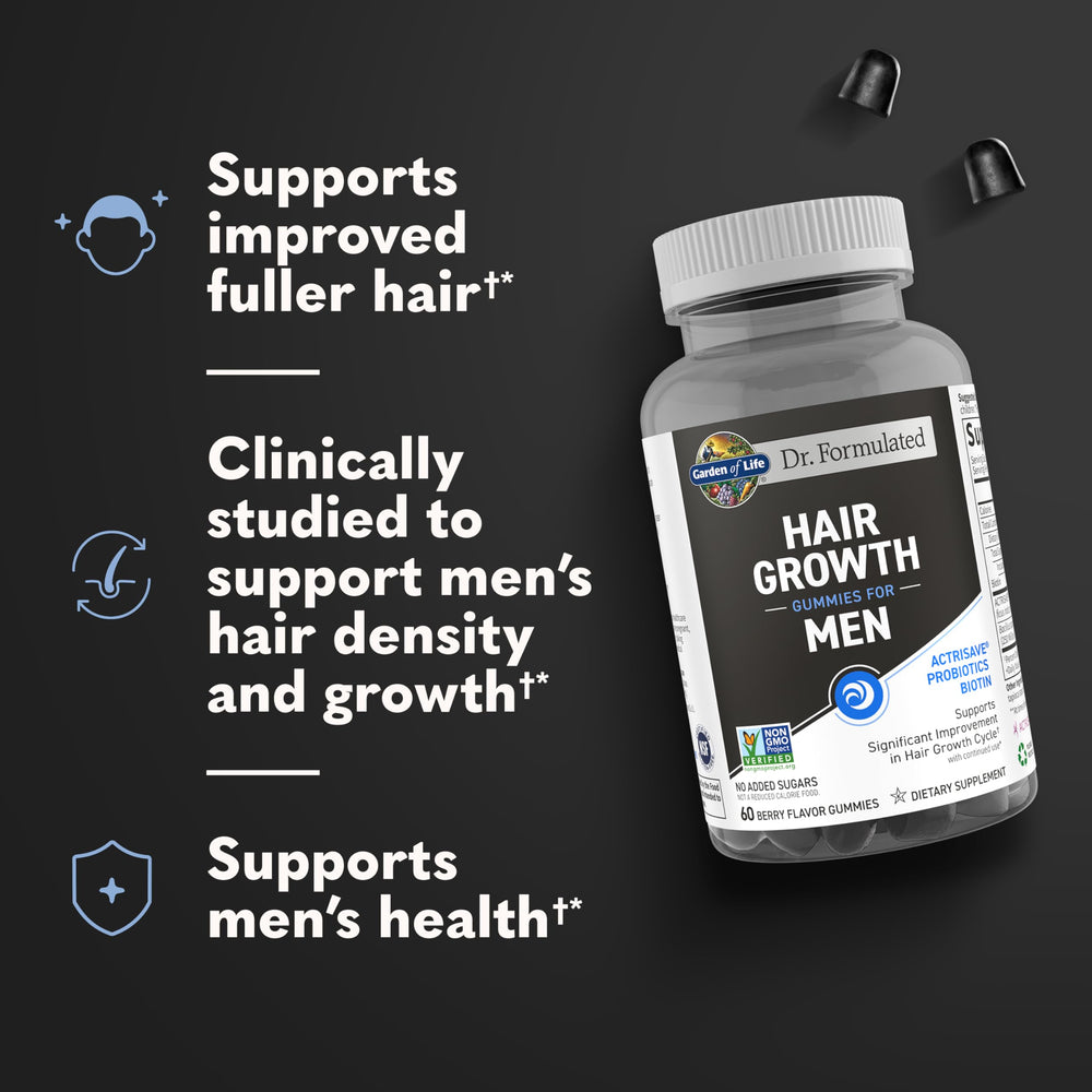 Garden of Life hair growth gummies label closeup, featuring clinically studied extracts for men’s hair support.