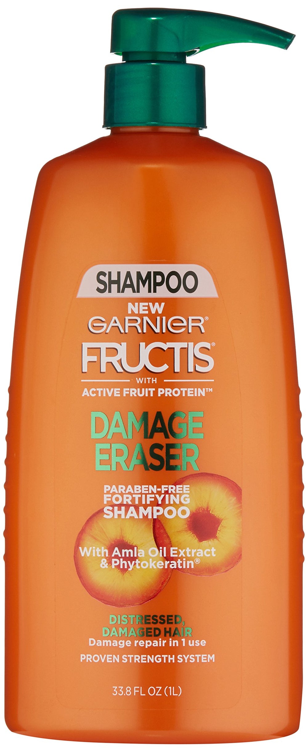 Garnier Fructis Damage Eraser shampoo bottle showing repair-focused formula for damaged hair.