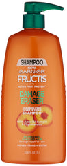 Garnier Fructis Damage Eraser shampoo bottle showing repair-focused formula for damaged hair.