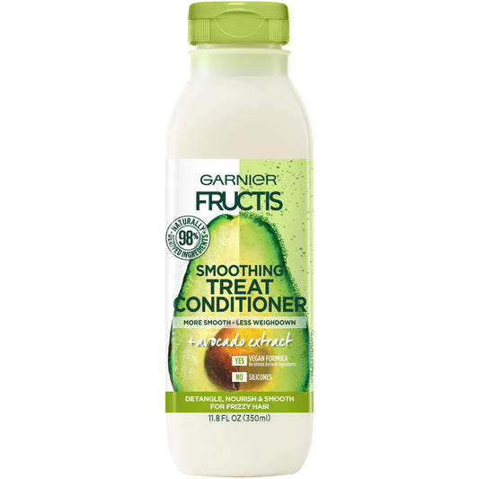 Garnier Fructis Smoothing Treat Conditioner avocado bottle promotes soft, smooth hair