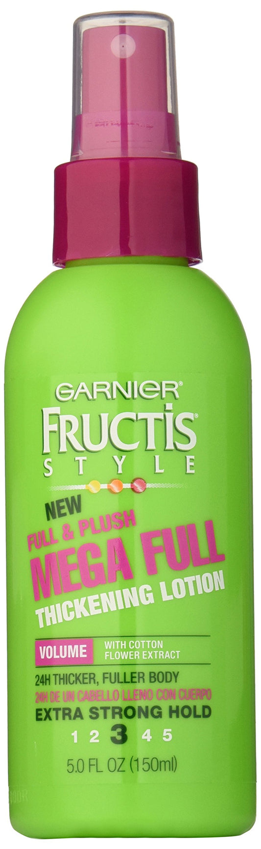Garnier Fructis Style Mega Full bottle showing ultra-light thickening formula for volume.