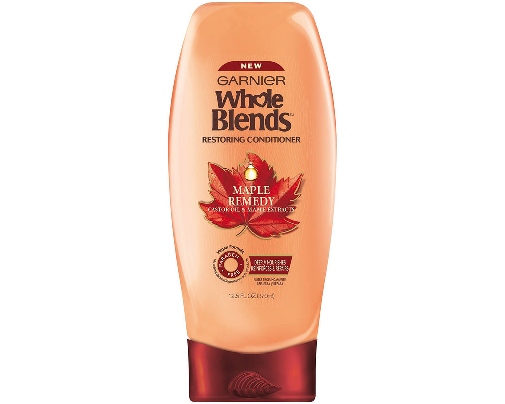 Garnier Maple Remedy packaging highlights vegan, paraben-free set for clean hair routine