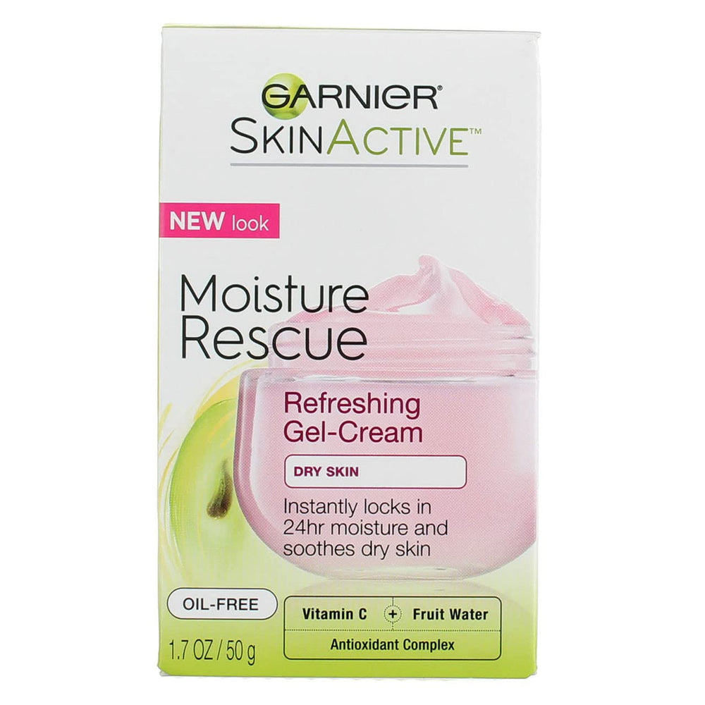 Garnier Moisture Rescue refreshing gel-cream bottle delivers lightweight hydration for dry skin.