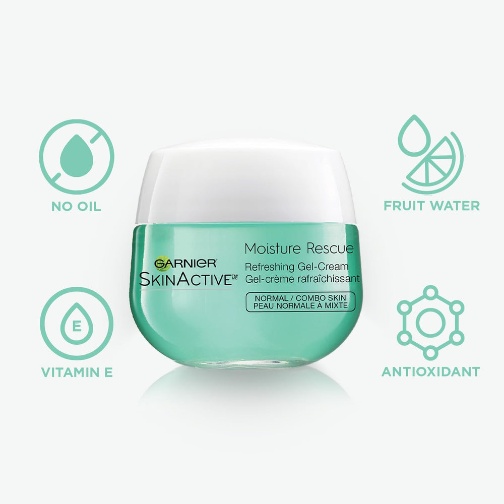 Garnier Moisture Rescue refreshing gel-cream texture application highlights quick absorption and non-greasy feel.
