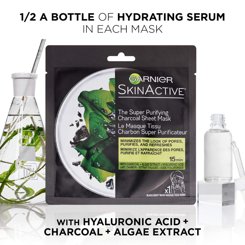 Garnier SkinActive charcoal sheet mask on face with minimized pores.