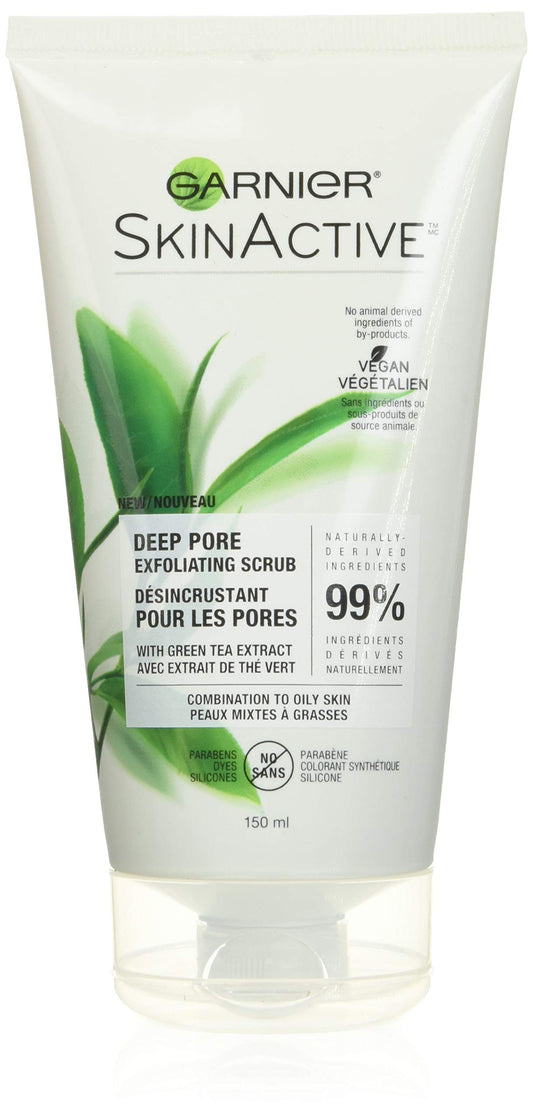 Garnier SkinActive exfoliating scrub bottle for smoother skin.