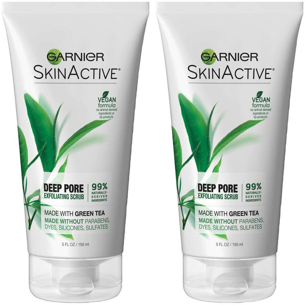 Garnier SkinActive green tea scrub bottle promotes purifying action for refined pores.