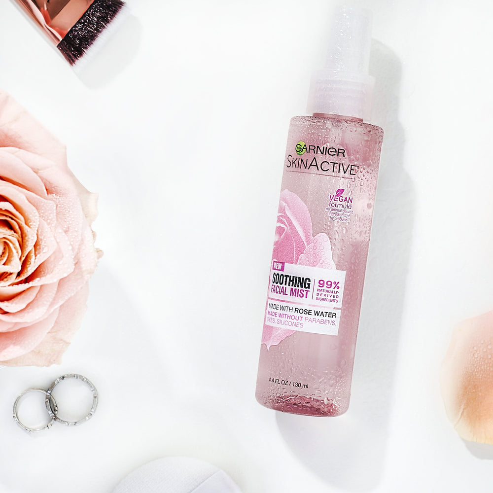 Garnier SkinActive Rose Water Mist closeup of rose-based hydration.