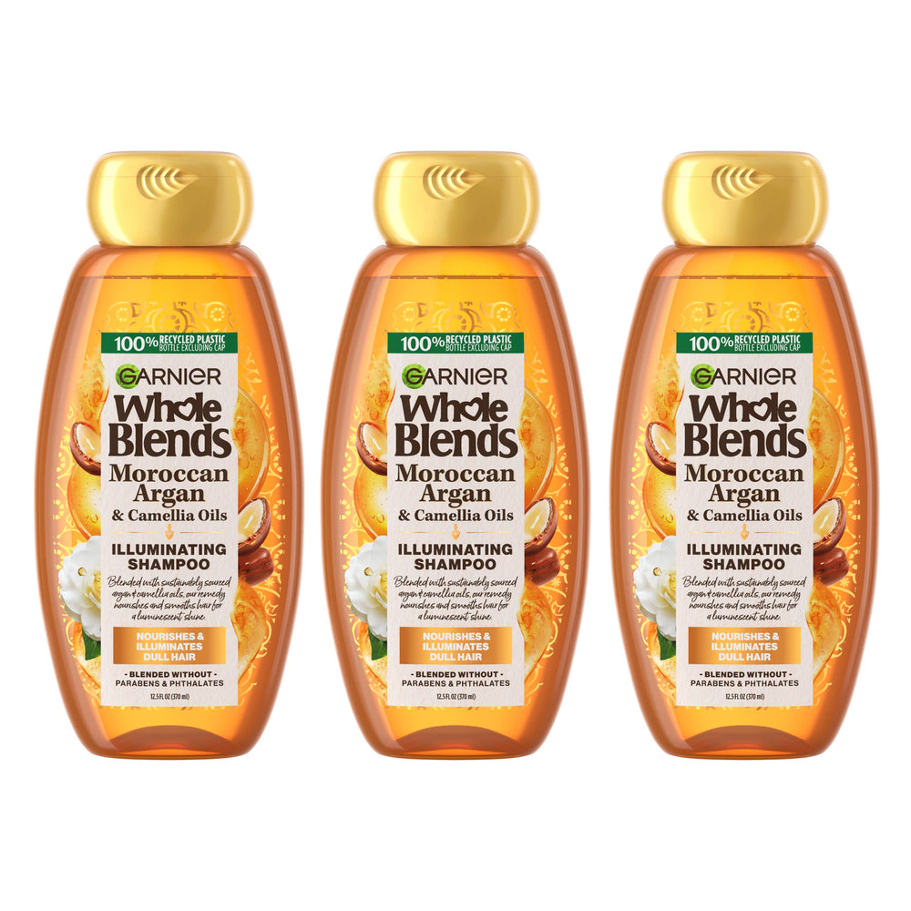 Garnier Whole Blends Argan and Camellia shampoo bottle front label promotes silky shine