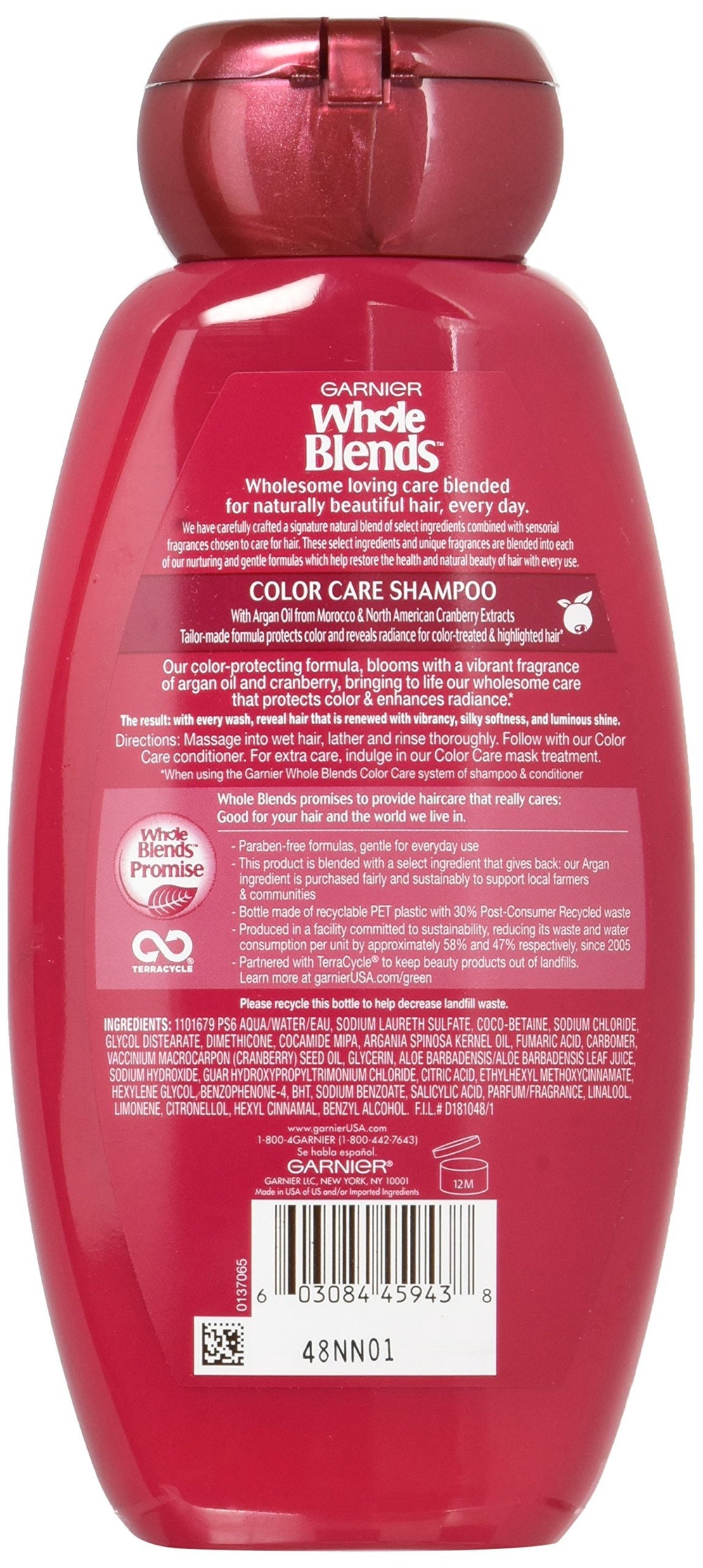 Garnier Whole Blends Color Care Shampoo label shows cranberry extracts for vibrant color.