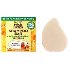 Garnier Whole Blends Restoring Honey Treasures bar front view in eco packaging, eco-friendly routine.