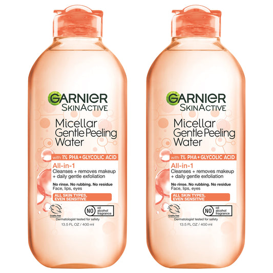 Garnier SkinActive Gentle Peeling Micellar Water bottle front, showing dual-pack for easy exfoliating cleanses.