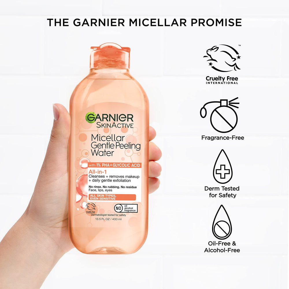 Garnier SkinActive micellar water texture close-up showing gentle exfoliation.