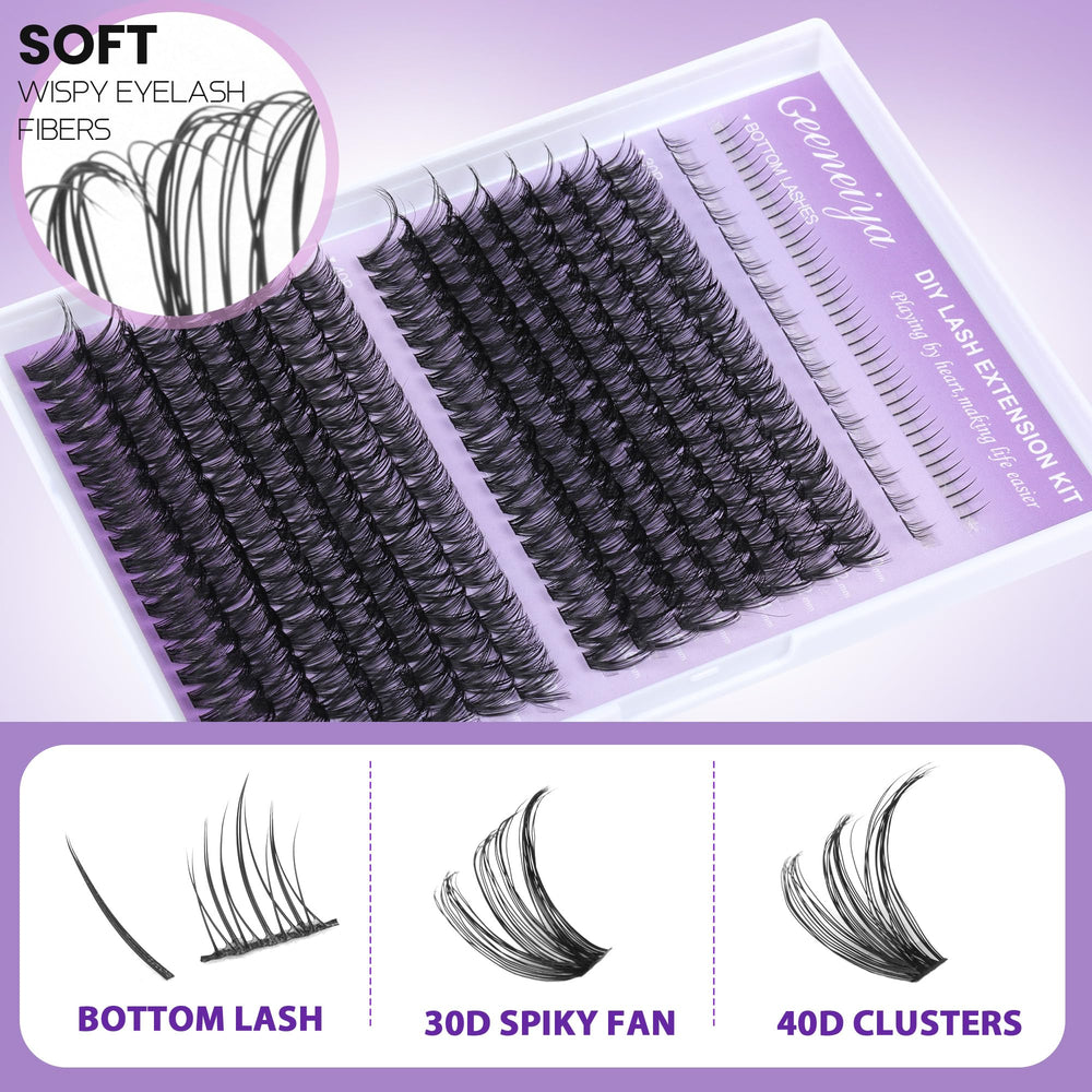 Geeneiya lash glue set with bond and seal secures clusters.