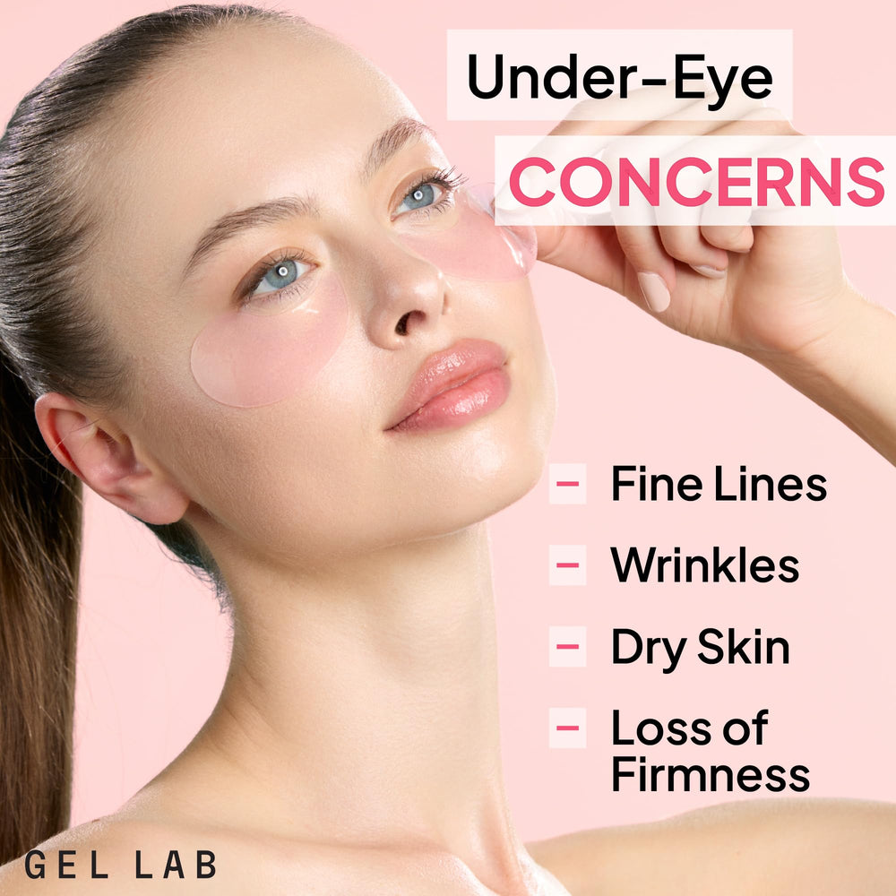 Gel Lab Renew collagen under-eye patches applied to under-eye area for firming