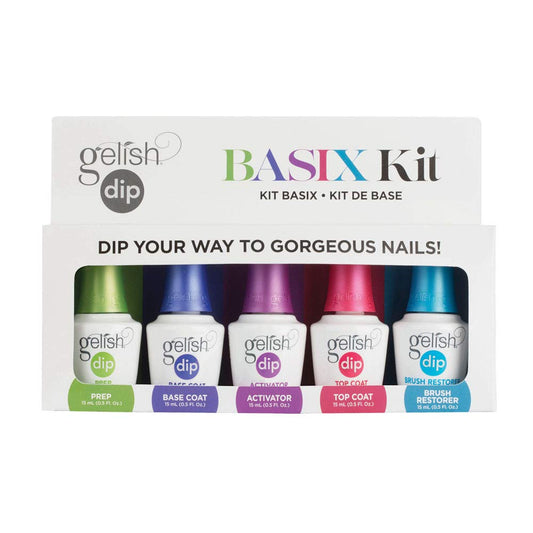 Gelish Dip Basix Kit prep bottle closeup—ensures clean prep for strong adhesion and a smooth base.