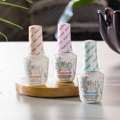 Gelish Mini Terrific Trio top-it-off bottle closeup with glossy top coat finish.