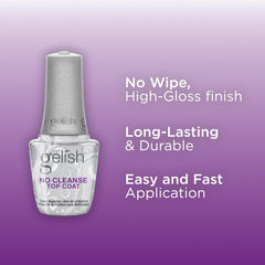Gelish No-Cleanse Top Coat cures quickly under UV/LED lamps for fast professional results.