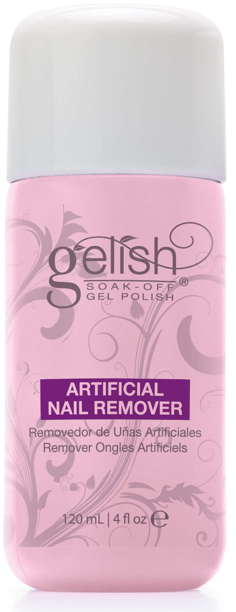 Gelish remover bottle label close-up highlighting 120 mL capacity for home use