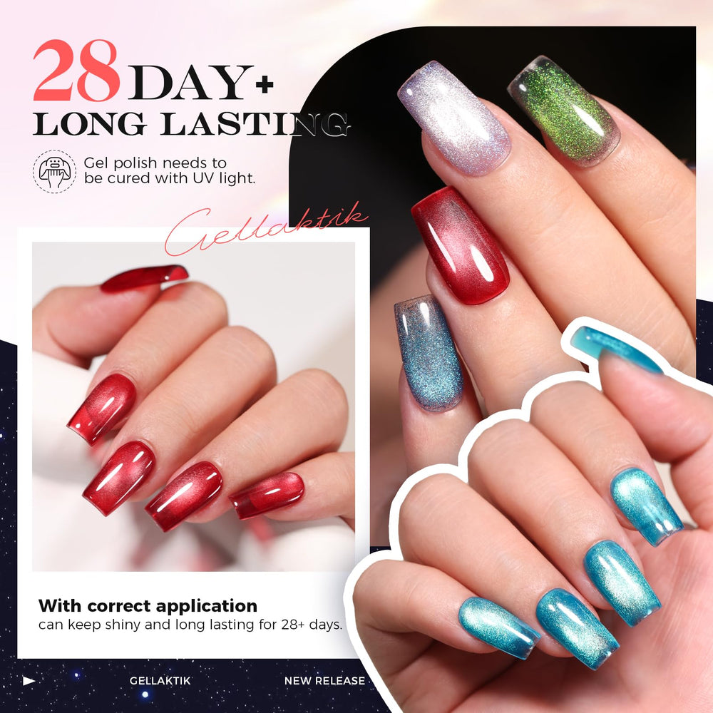 GELLAKTIK six 7.5ml bottles arranged for easy shade selection.