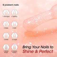 Swatch on nail displays milky nude shade with radiant shine.