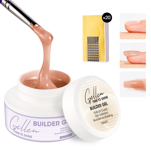 Gellen builder gel nails extensions in nude shade for strong, lightweight length.