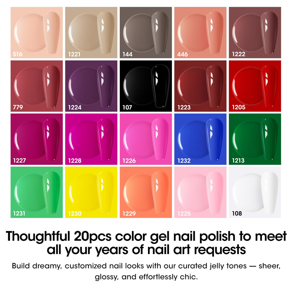 GELLEN 20 shades swatch highlights color variety for year-round nail art.