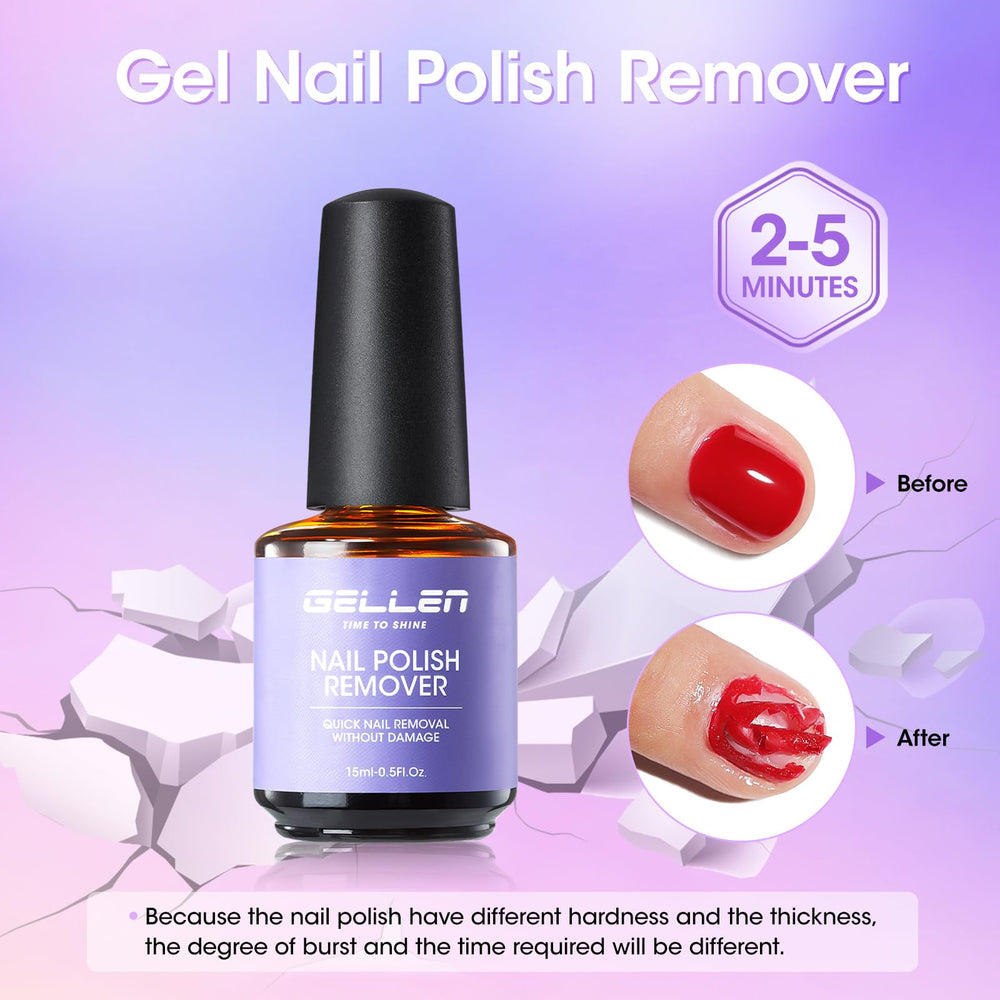 Close-up of GELLEN remover bottle highlighting low-odor formula.