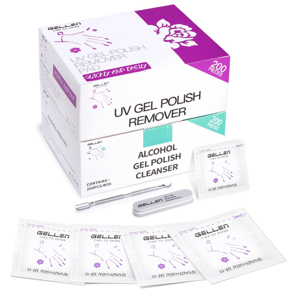 GELLEN gel polish remover pad kit packaging shows travel-friendly kit for quick polish removal.