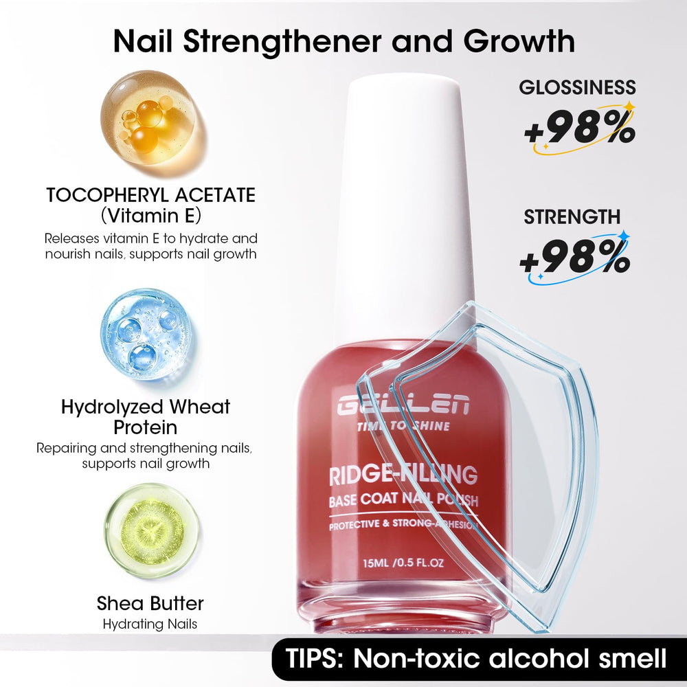 GELLEN nourishing formula with protein, shea butter, and vitamin E for healthier nails.