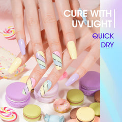 GELLEN swatches showing six macarons shades on a nail wheel.