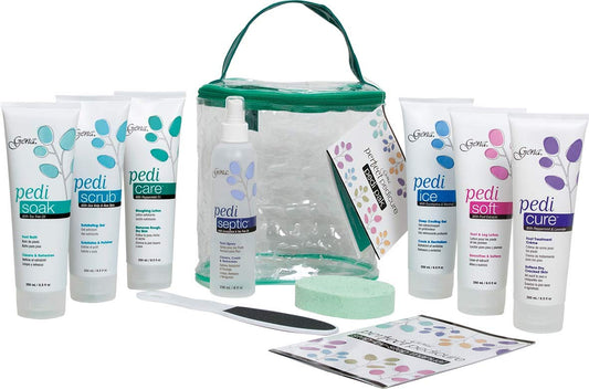 Gena Pedi Pak Tote open showing organized kit for at-home pedicure sessions, convenient home spa setup.