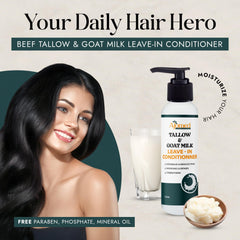 Generic Beef Tallow Goat Milk Leave-In Conditioner rosemary label highlights natural ingredients.