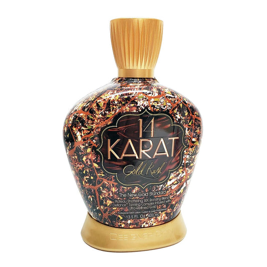 Generic Designer Skin 14 Karat Gold Rush bronzing lotion bottle front for a radiant glow.