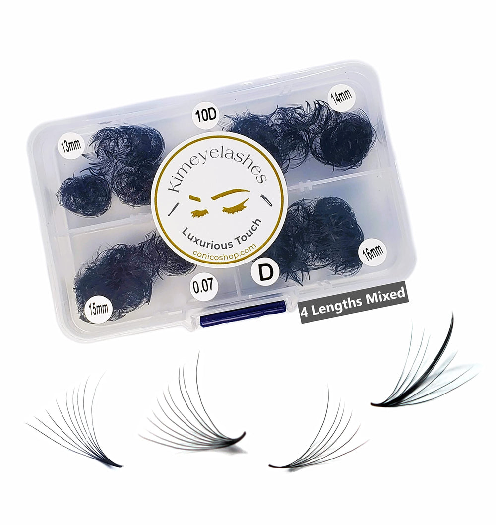 Generic lash 1000 premade volume fans, four lengths close-up for versatility.
