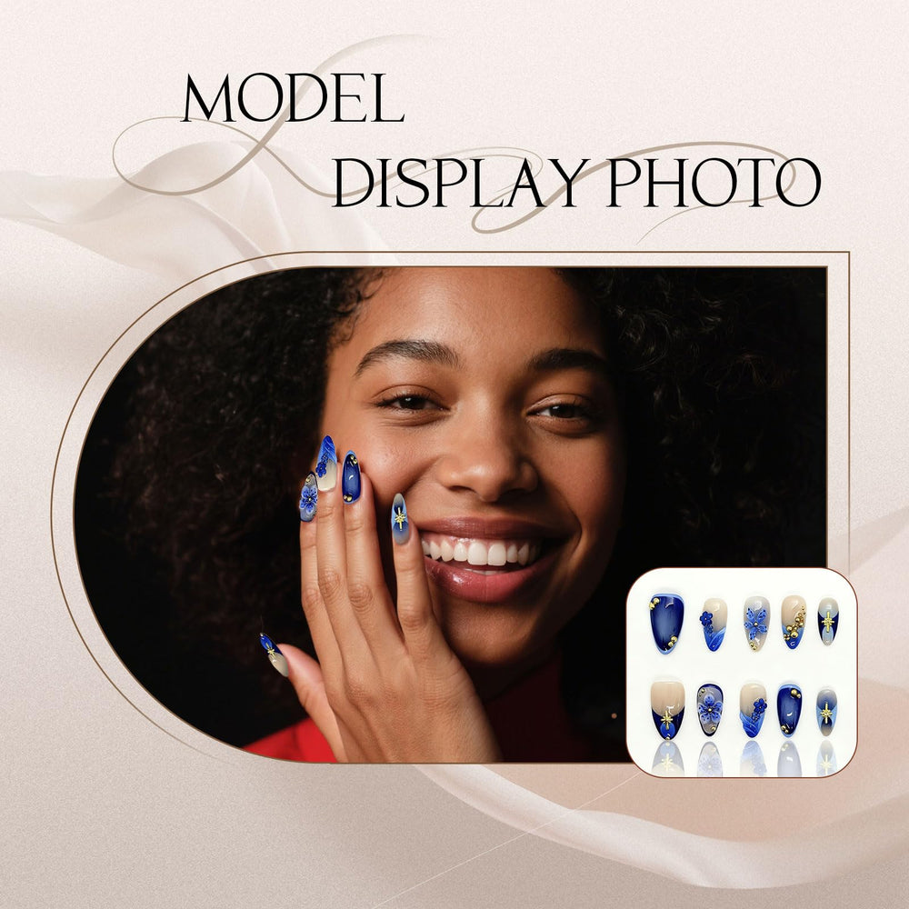 Generic press-on nails close-up: short almond shape and smooth finish.