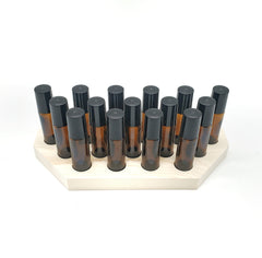 Generic rollerball bottle display rack with natural pine finish, neatly organized 15-hole layout for 10 ml bottles.