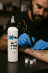 Generic Tattoo Ink Brite White 4oz bottle flow demonstrates smooth application for bold highlights.