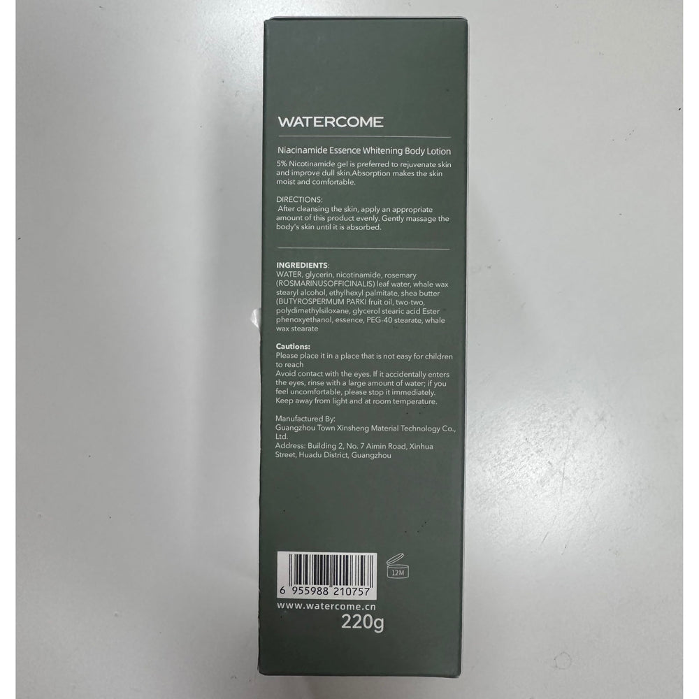 Generic Watercome ingredients panel highlights 5% nicotinamide for even tone