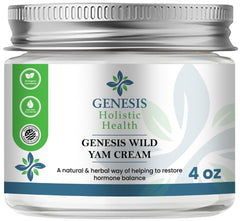 Genesis Wild Yam Root Cream bottle close-up highlighting rapid absorption for daily use.