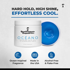 Oceano gel bottle close-up shows alcohol-free formula for smoother styling
