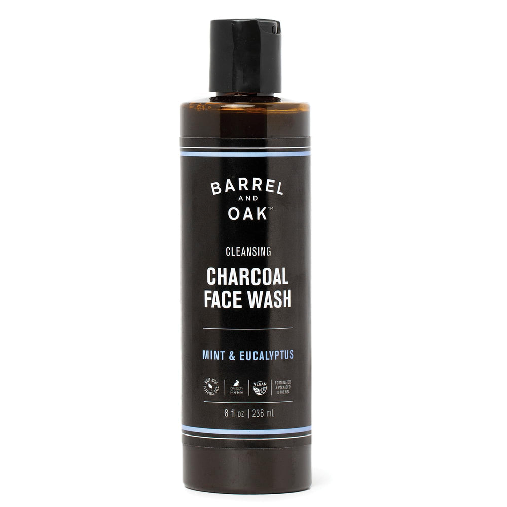 Gentlemen's Hardware Barrel and Oak charcoal cleanser bottle highlights oil-absorbent action.