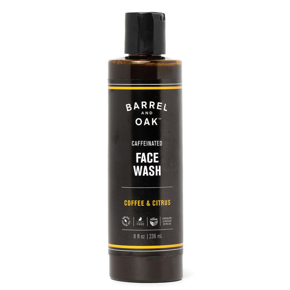 Gentlemen's Hardware Barrel and Oak coffee citrus face wash bottle energizes skin and cleanses pores.