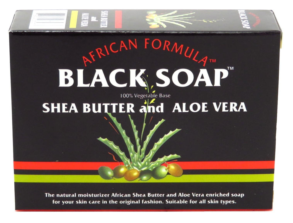 Genuine African Formula Black Soap enriched with shea butter and aloe vera for nourished skin.