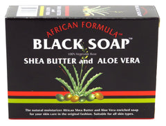 Genuine African Formula Black Soap enriched with shea butter and aloe vera for nourished skin.