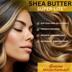 Genuine African Formula Shea Butter Super-Lite scalp massage demonstrates soothing hydration.